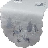 Chemin de table - Noël - blanc avec rennes, sapins et fil d'argent - cerf - 40 x 110 cm