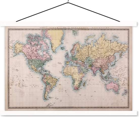 Affiche scolaire - Carte du Wereldkaart - Vintage - Monde - 150x100 cm - Affiche textile Lattes Witte - Affiche textile