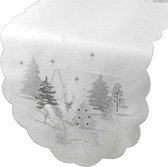 Chemin de table - Noël - blanc avec rennes, sapins et fil d'argent - cerf - Chemin 40 x 110 cm