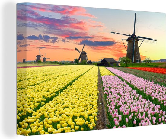 Canvas Schilderij Windmolen - Tulpen - Bloemen - Nederland - 30x20 cm - Wanddecoratie