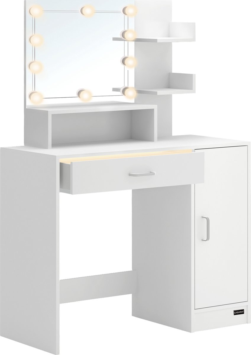 Casaria Kaptafel Jocelyn - Lade Spiegel LED 3 Planken 140x90x40 - Wit