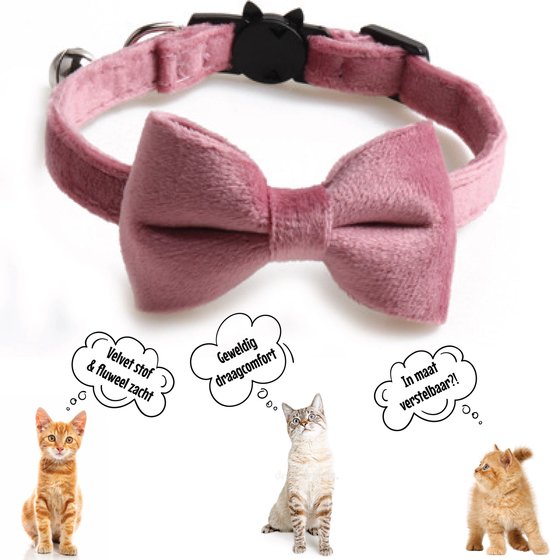 JADI | Velvet Kattenhalsband Roze | Halsband katten | Velvet halsband met strik & belletje