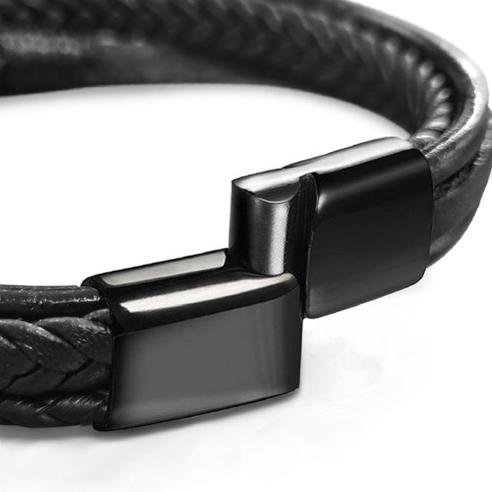 Malinsi Armband Heren - Zwart Snoeren - Leer en RVS - Mannen Armbandje 21 cm