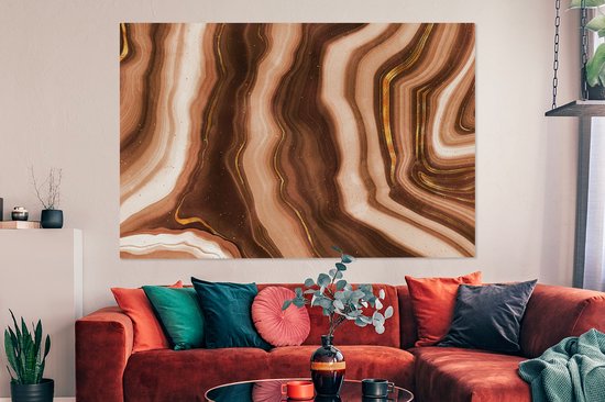 Canvas schilderij 150x100 cm - Wanddecoratie Agaat - Bruin - Goud - Geode steen - Muurdecoratie woonkamer - Slaapkamer decoratie - Kamer accessoires - Schilderijen