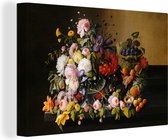 Canvas - Schilderij Stilleven met bloemen en fruit - Kunstwerk - Oude meesters - 120x80 cm - Muurdecoratie - Woonkamer