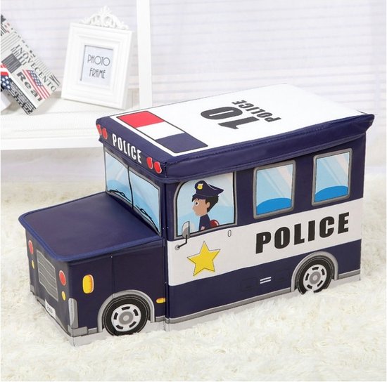 MONOO Speelgoedkist met Deksel - Politieauto - Opbergbox en Poef in één - Opvouwbaar - Sorteervakken - Speelgoed - Opbergruimte