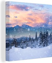 Canvas Schilderij Sneeuw - Lucht - Bos - Winter - 90x90 cm - Wanddecoratie