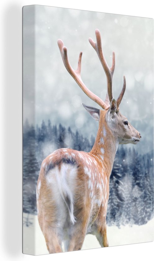 Canvas Schilderij Winter - Hert - Dieren - 20x30 cm - Wanddecoratie