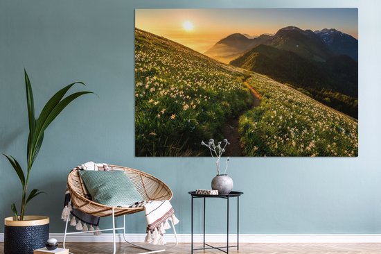 Canvas schilderij 180x120 cm - Wanddecoratie Bloemen - Zon - Bergen - Muurdecoratie woonkamer - Slaapkamer decoratie - Kamer accessoires - Schilderijen