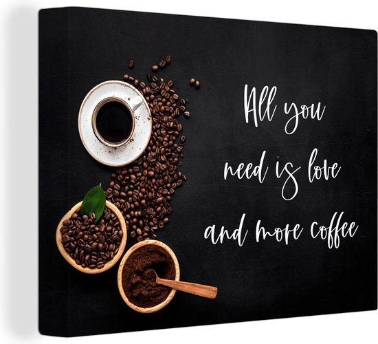 Tableau sur toile Proverbes - Café - Amour - Citations - Tout ce dont vous avez besoin c'est de l'amour et plus de café - 80x60 cm - Décoration murale