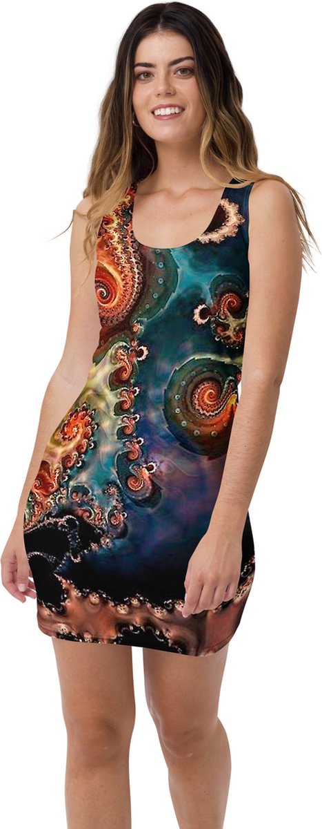 II THE MOON Jurk voor alle gelegenheden, kwaliteit, voelt zacht als een tweede huid, blauw * oranje * paars gekleurd, abstract, nauwsluitend, mini, sexy