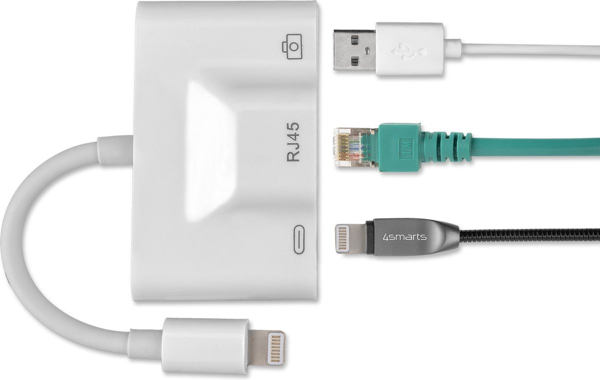 4Smarts 3-in-1 Hub Lightning naar USB-A/Ethternet/Lightning Ingang Wit