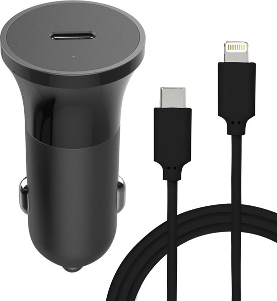 Bigben Connected, USB C autolader 20W Power Delivery USB C/Lightning-kabel, Zwart