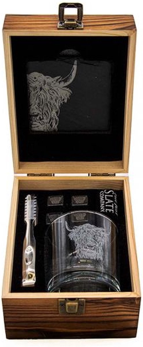 Geschenkset Hooglander met Gegraveerd Whiskyglas Whiskystenen en Onderzetter - Just Slate Company Scotland