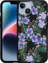 Geschikt voor Apple iPhone 14 Hoesje Zwart Purple Flowers - Designed by Cazy