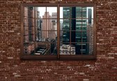 Fotobehang - Vlies Behang - 3D Raamzicht op de Flatgebouwen en Wolkenkrabbers in de Stad - 368 x 254 cm