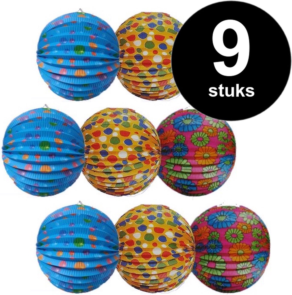 9x Kleurrijke Lampion voor lampionnenoptocht 21 cm - brandvertragend - 9 stuks