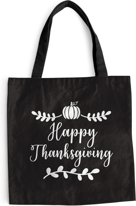 MuchoWow® Sac bandoulière - Sac de plage - Big Shopper - Sac shopping - Citation "Happy Thanksgiving" décoration murale vacances blanc sur noir - 45x45 cm - Sac en coton