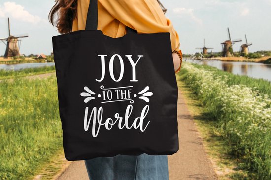 MuchoWow® Sac bandoulière - Sac de plage - Big Shopper - Sac shopping - Citation de Noël "Joy au monde" sur fond noir - 45x45 cm - Sac en coton