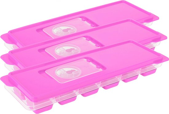 Set van 4x stuks trays met ijsklontjes/ijsblokjes vormpjes 12 vakjes kunststof roze met afsluitdeksel