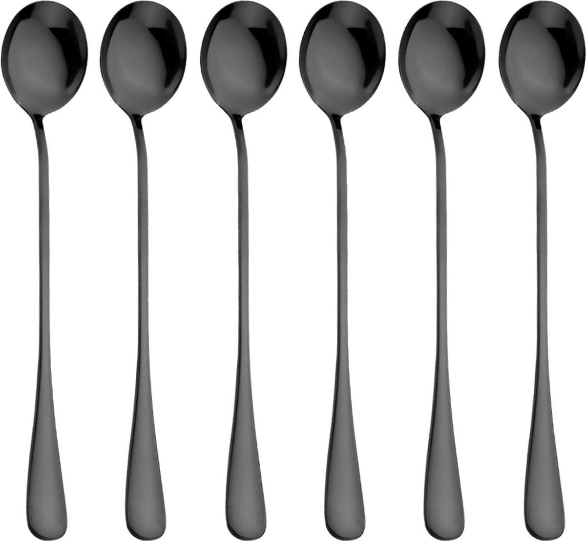 6x Lange Ronde Lepels - Latte Macchiato - Dessertlepels - Sorbetlepels - IJslepels - Theelepels - 18.5cm - Zwart