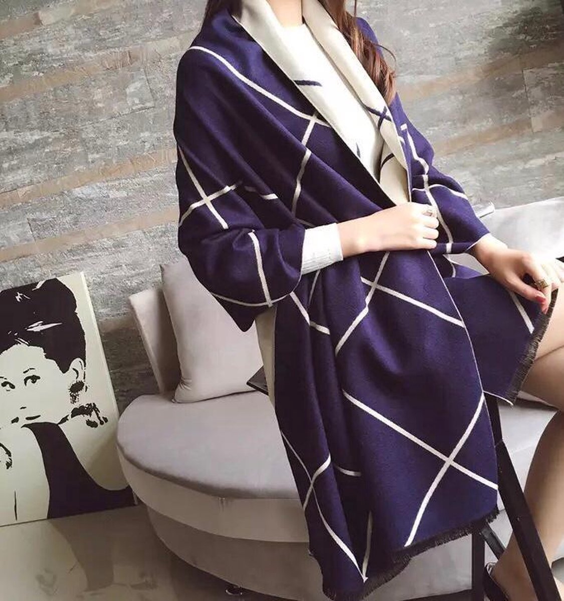Dames sjaal 65 x 190 cm (LxB) - Blauw Crème - omslagdoek - stola - winter sjaal