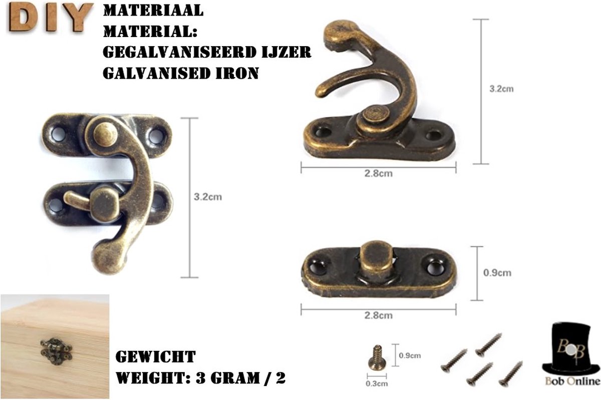 Bob Online ™ - 2 Stuks - Bronsen – Antieke Rechts Klink Haak Hasp Hoorn Slotjes – Hout Sieraden Doos Klink Haak Sluiting – Metalen Kistslotjes – Antique Horn Lock – Horn Clasp Hook – Wooden Box Accessory – Meubelbeslag voor Kisten, Wijnkratten enz — cadeau in Hobby - foto 3