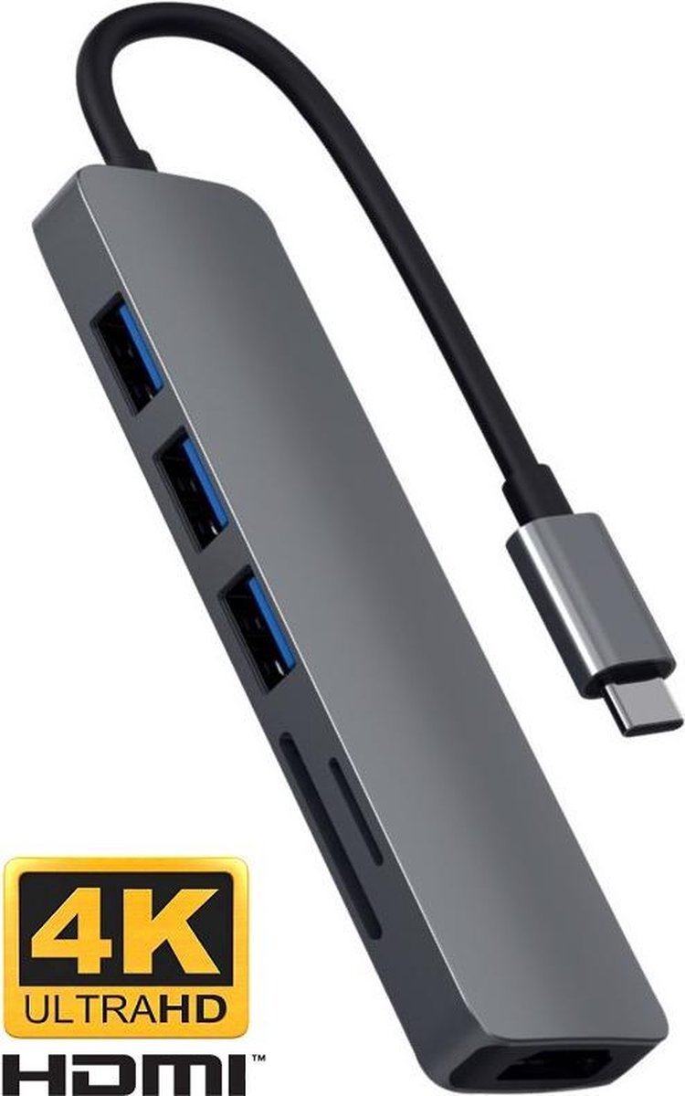 Crest & Armour USB C HUB 6 in 1 - 5GB Per seconde - met / naar HDMI 4K, 2x USB 3.0, USB C opladen, Micro/SD card reader Hub – USB Splitter - Geschikt voor Apple Macbook Pro / Air, Lenovo, Samsung - Spacegrijs