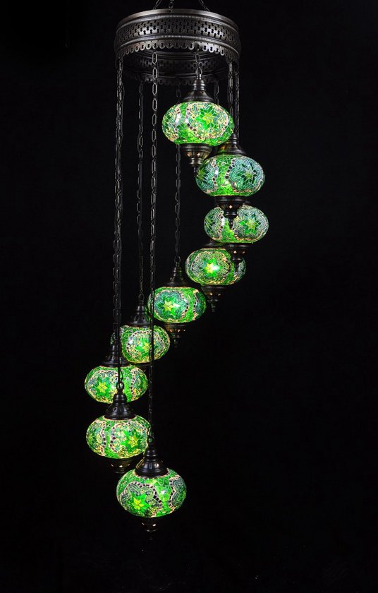 Oosterse hanglamp mozaïek groen 9 glazen bollen Turkse kroonluchter handmade
