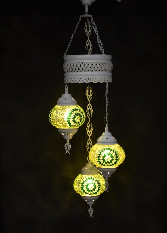 Oosterse lamp 3 glazen groen bollen mozaiek kroonluchter