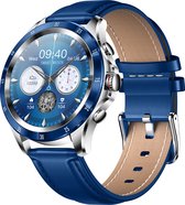 Darenci Smartwatch Platinum Pro - Smartwatch heren - Activity Tracker - Touchscreen - Bluetooth bellen - Bluetooth muziek - Lederen band - Horloge - Stappenteller - Bloeddrukmeter - Verbrande calorieën - Zuurstofmeter - Spatwaterdicht- Zilver/Blauw