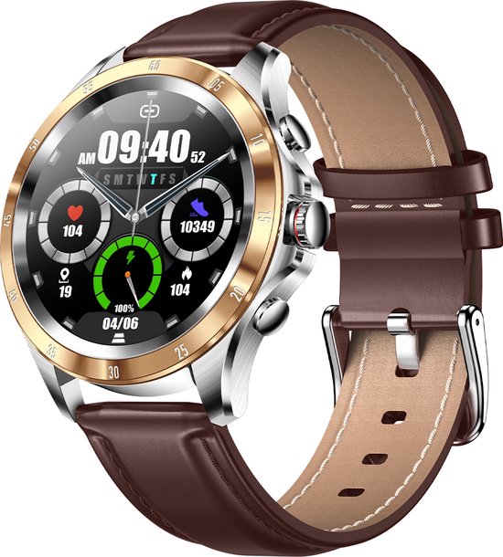 Darenci Smartwatch Platinum Pro - Smartwatch heren - Activity Tracker - Touchscreen - Bluetooth bellen - Bluetooth muziek - Lederen band - Horloge - Stappenteller - Bloeddrukmeter - Verbrande calorieën - Zuurstofmeter - Spatwaterdicht- Goud/Bruin