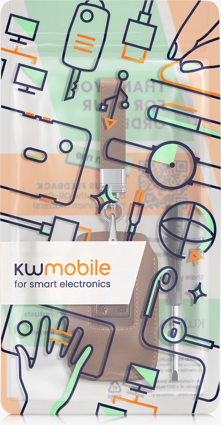 kwmobile autosleutel hoesje in bruine verpakking met illustraties van elektronica.