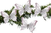 Kerstboom vlinders op clip - 15,5 cm - 4x stuks - wit glitter - kunststof