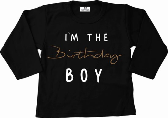 Shirt verjaardag jongen-I'm the birthday boy-zwart-wit-mocca-Maat 104