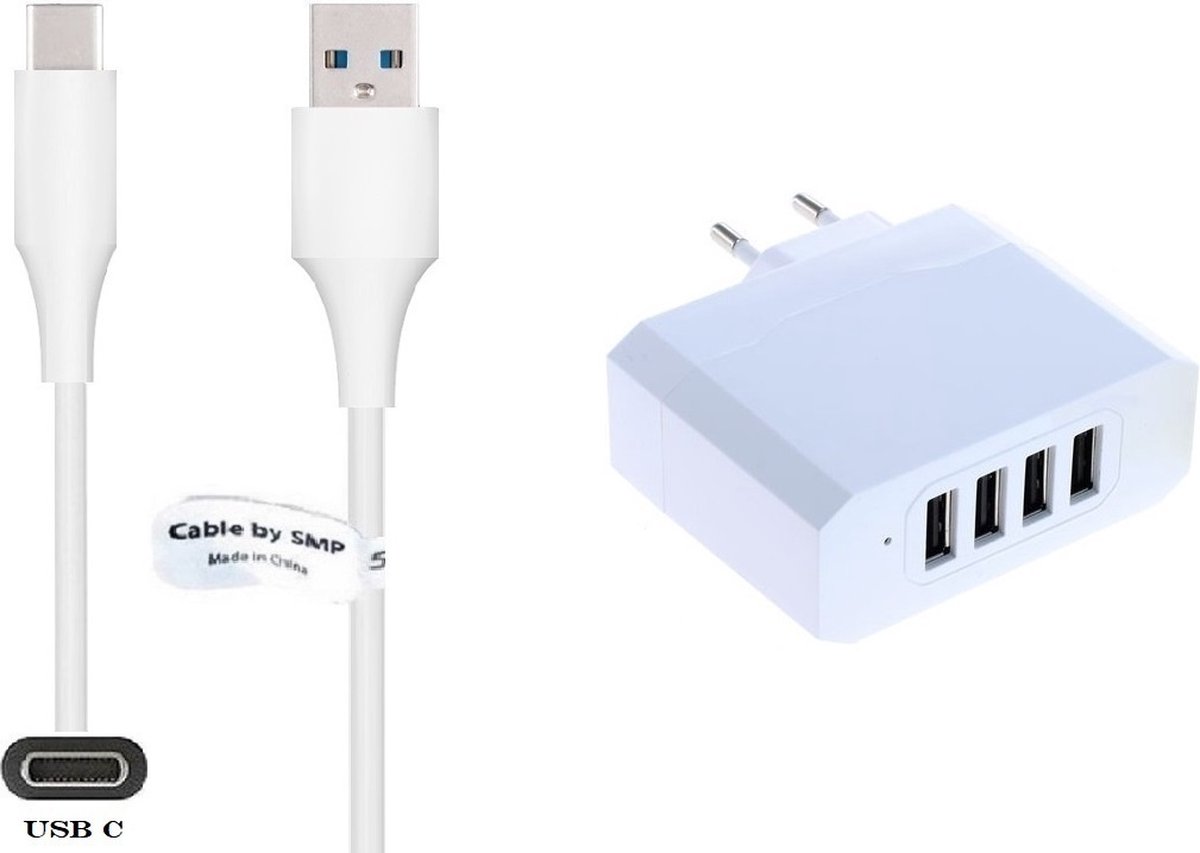 4.8A lader + 1,0m USB 3.0 C kabel. Oplader adapter met 4 poorten en