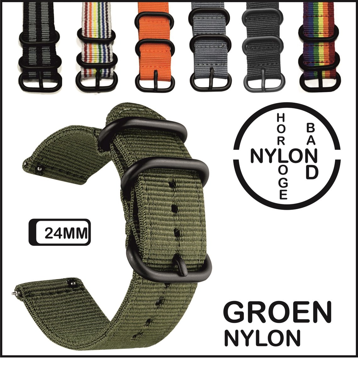 24mm Horlogeband Groen - Vintage Strap James Bond - Nato Strap collectie - Horlogebanden - 24 mm bandbreedte voor oa. Seiko Rolex Omega Casio en Citizen - Pushpin Quick release