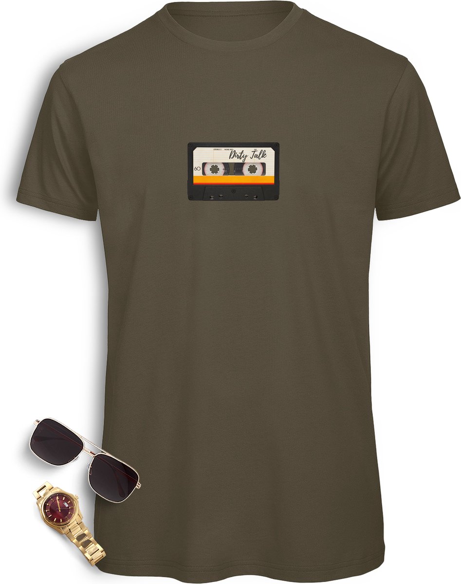 Heren t shirt met retro print - Grappig mannen tshirt - Maten S t/m 3XL - Shirt kleur: khaki.