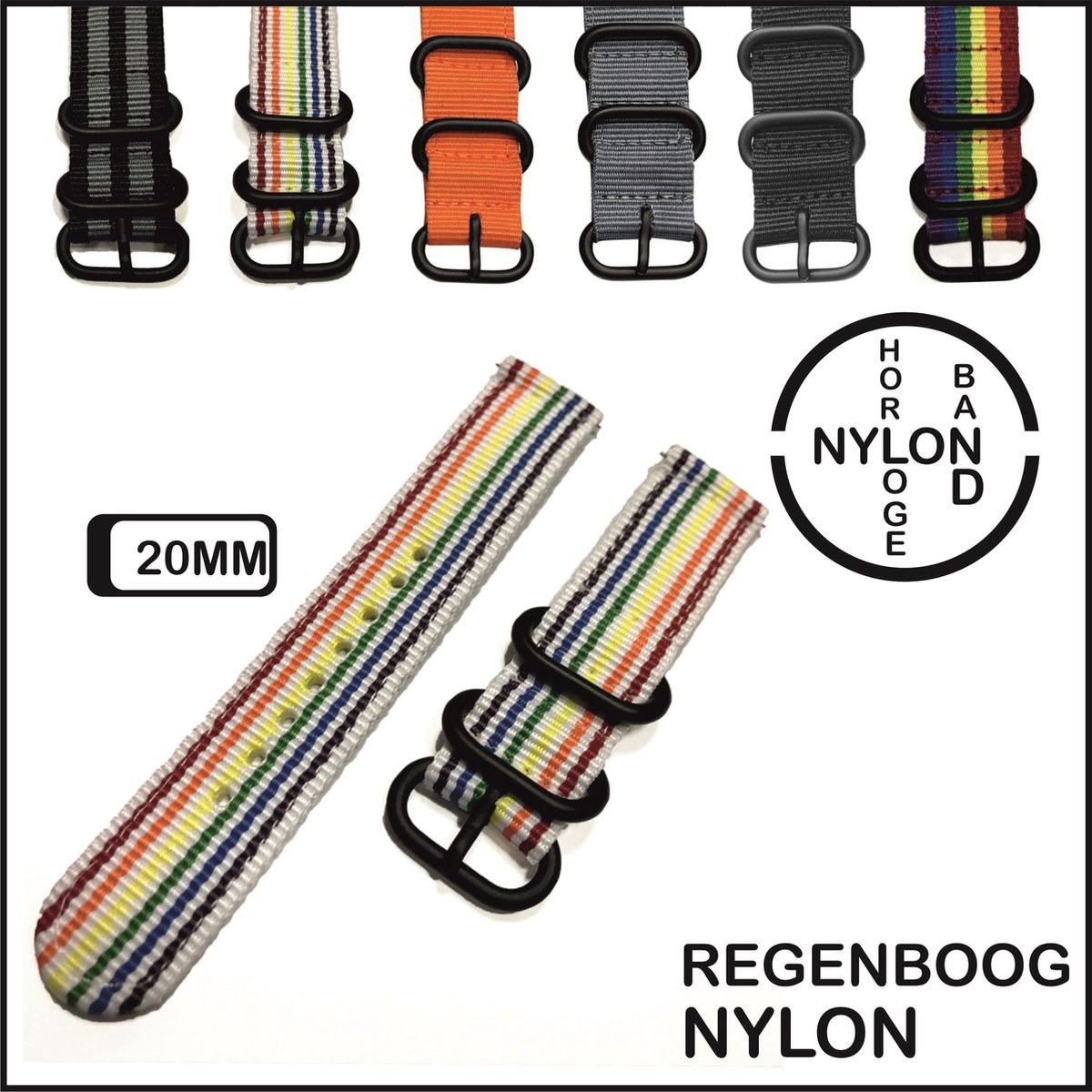 20mm Horlogeband Regenboog kleuren - Vintage Strap James Bond - Nato Strap collectie - Horlogebanden - 20 mm bandbreedte voor oa. Seiko Rolex Omega Casio en Citizen - Pushpin Quick release