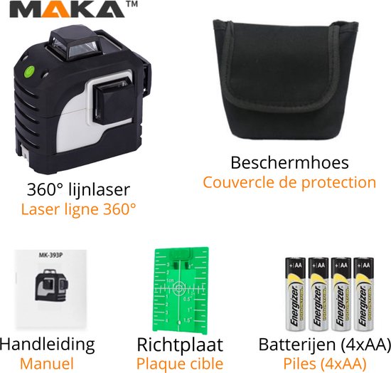 MAKA 360° lijnenlaser met beschermhoes, handleiding, richtplaat en 4xAA batterijen.