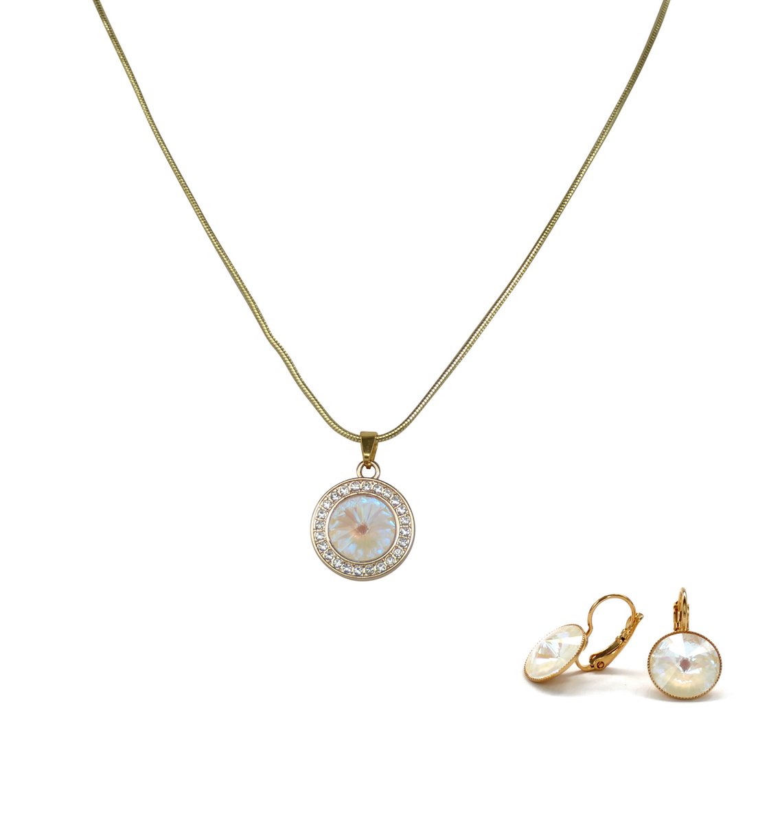 KAYEE - Sieradenset ketting en oorbellen - 12mm Swarovski rivoli - Shiny Cream