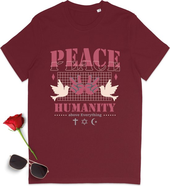 T Shirt Dames - Vrede voor de Mensheid - Rood (Bordeaux) - Maat M