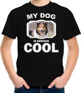 Sheltie honden t-shirt my dog is serious cool zwart - kinderen - Shetland sheepdogs liefhebber cadeau shirt - kinderkleding / kleding 158/164