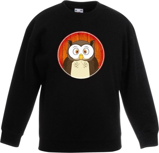 Kinder sweater zwart met vrolijke uil print - uilen trui - kinderkleding / kleding 134/146