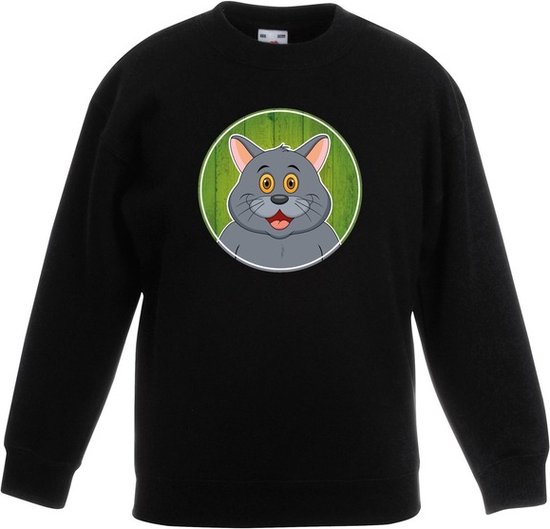 Kinder sweater zwart met vrolijke grijze kat print - grijze katten trui - kinderkleding / kleding 170/176