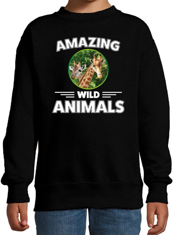 Sweater giraffe - zwart - kinderen - amazing wild animals - cadeau trui giraffe / giraffen liefhebber 170/176