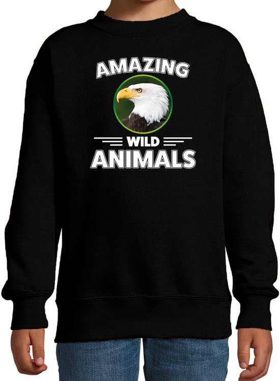 Sweater zeearend - zwart - kinderen - amazing wild animals - cadeau trui zeearend / arend roofvogels liefhebber 134/146