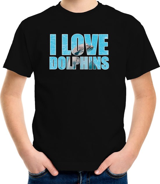Tekst shirt I love dolphins met dieren foto van een dolfijn zwart voor kinderen - cadeau t-shirt dolfijnen liefhebber - kinderkleding / kleding 146/152