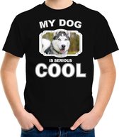 Husky honden t-shirt my dog is serious cool zwart - kinderen - Siberische huskys liefhebber cadeau shirt - kinderkleding / kleding 158/164