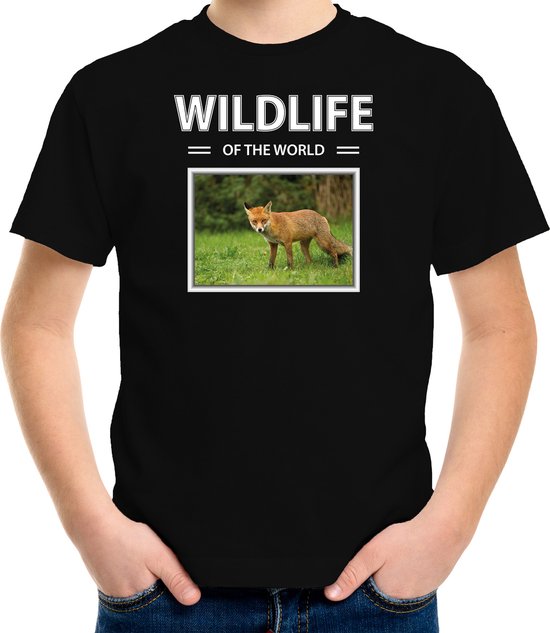 Dieren foto t-shirt Vos - zwart - kinderen - wildlife of the world - cadeau shirt Vossen liefhebber - kinderkleding / kleding 146/152